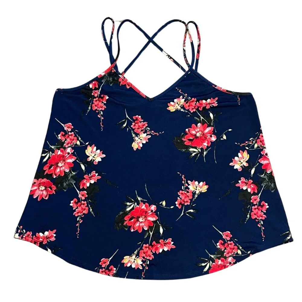 Papermoon Basima Strappy Back Detail Knit Tank Top XXL Navy Pink Floral